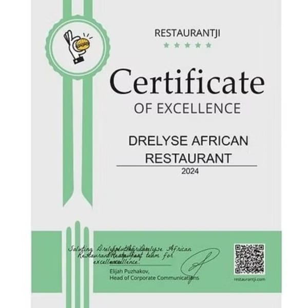 Certificate of Excellence awarded to Drelyse African Restaurant by Restaurantji for 2024.