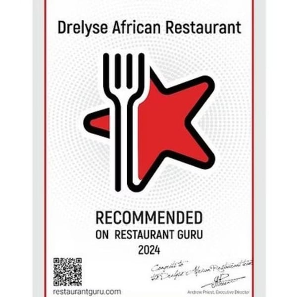 Drelyse African Restaurant's 2024 Restaurant Guru recommendation certificate with a fork and star logo.