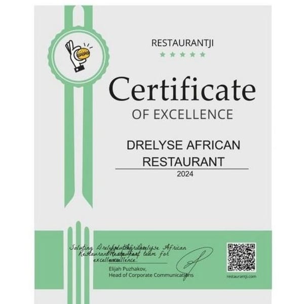 Drelyse African Restaurant's 2024 Certificate of Excellence from Restaurantji, with a burger icon.