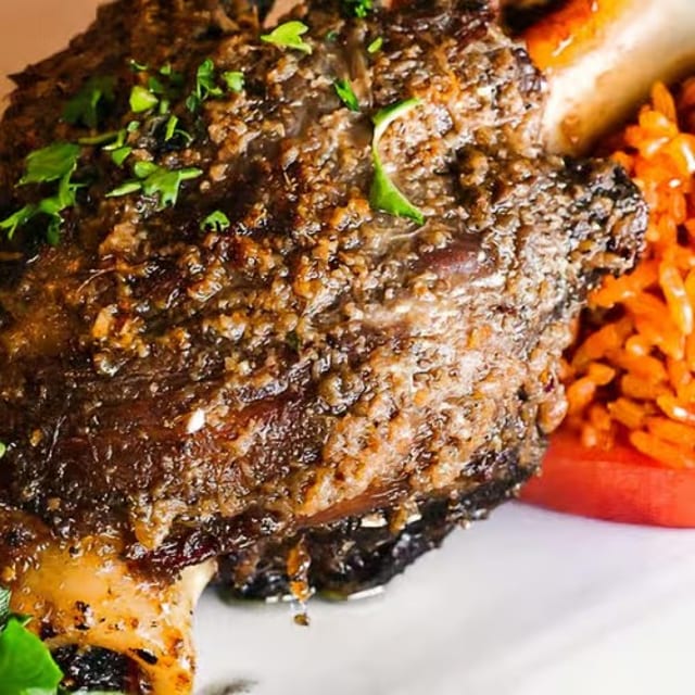 Lamb Shank and Jollof Rice.