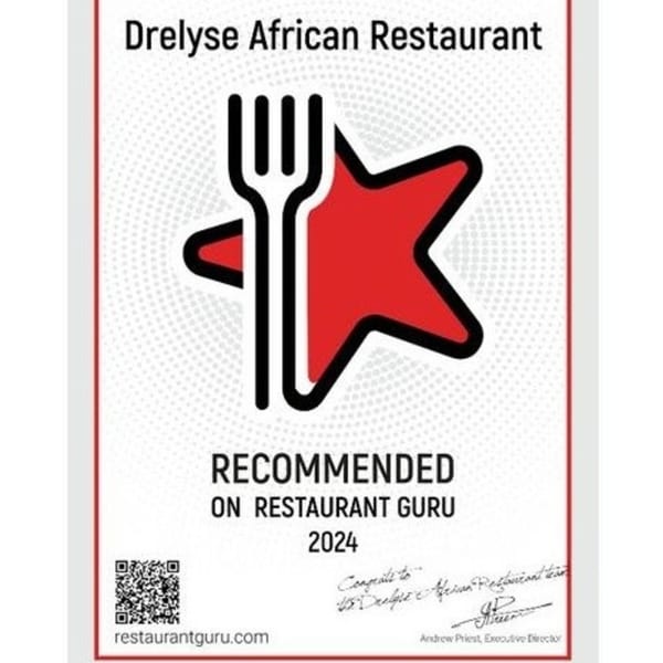 Drelyse African Restaurant's 2024 Restaurant Guru recommendation certificate with a fork and red star logo.