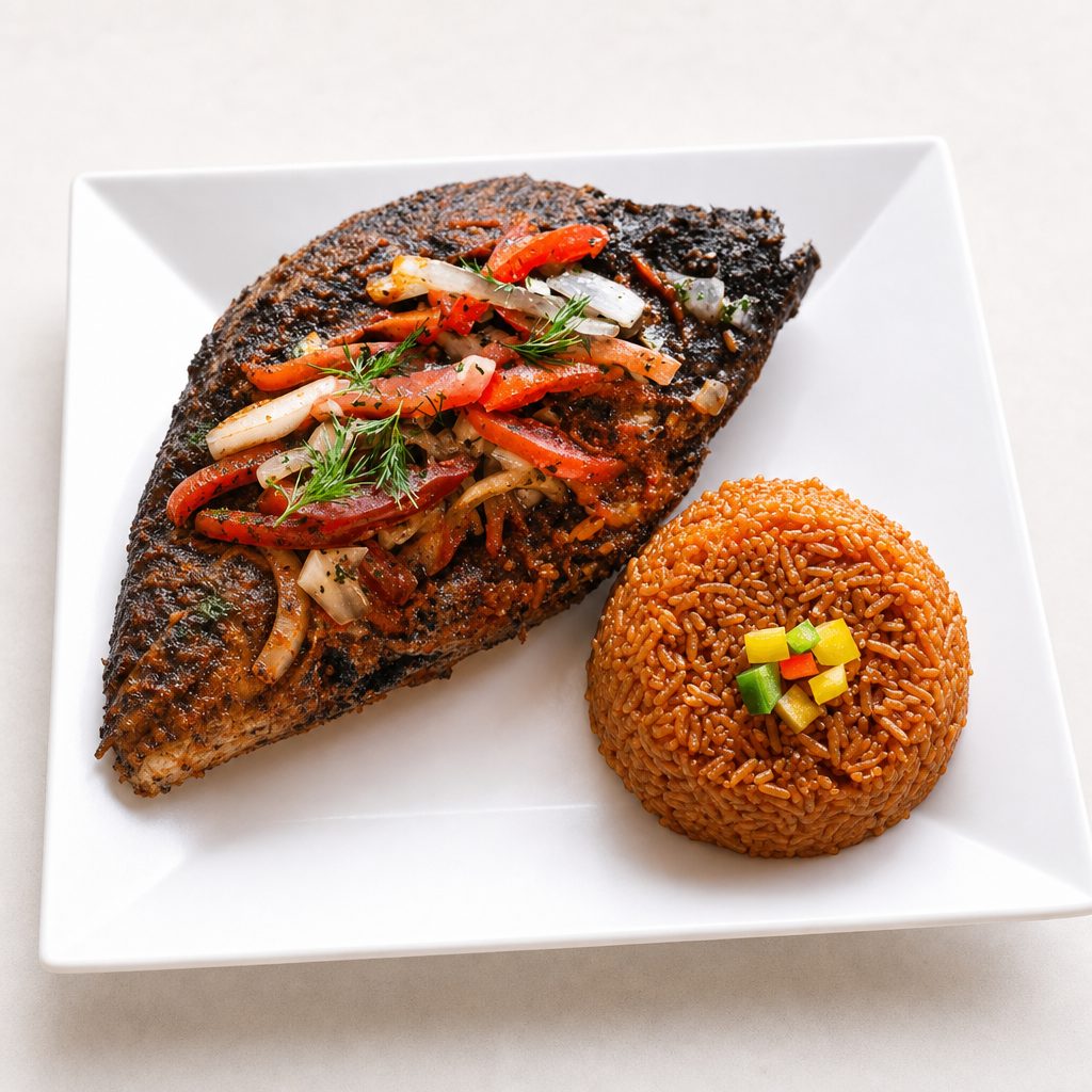 Jollof Rice and Tilapia Fish.