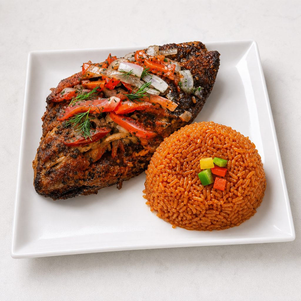 Jollof Rice and Tilapia Fish.