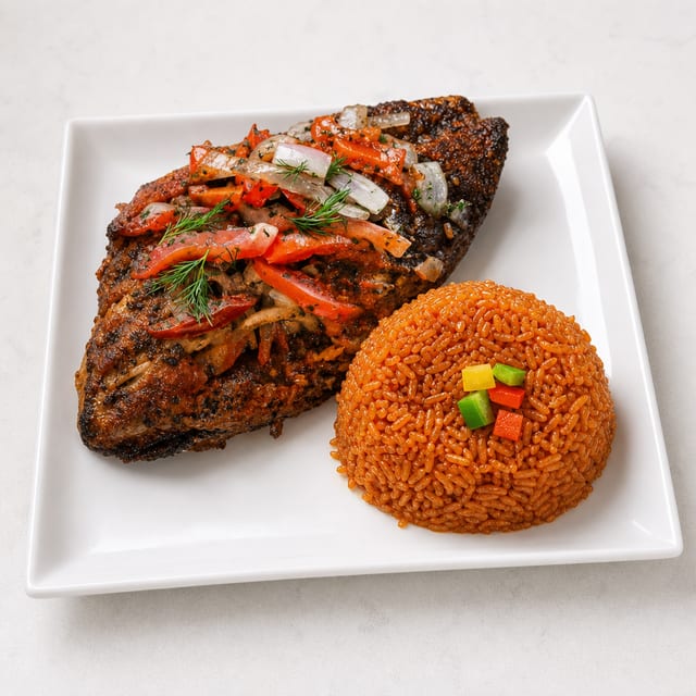 Jollof Rice and Tilapia Fish.
