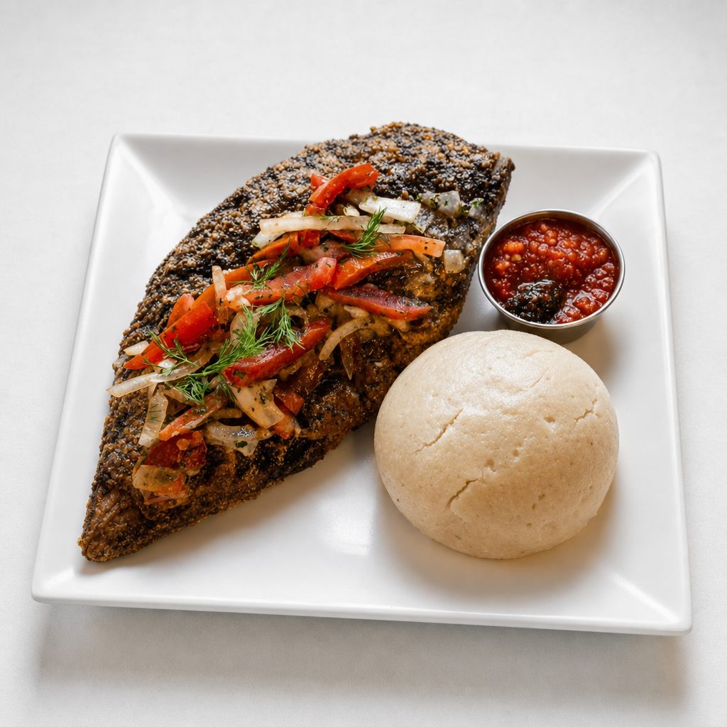 A Ball of Banku and Tilapia Fish.