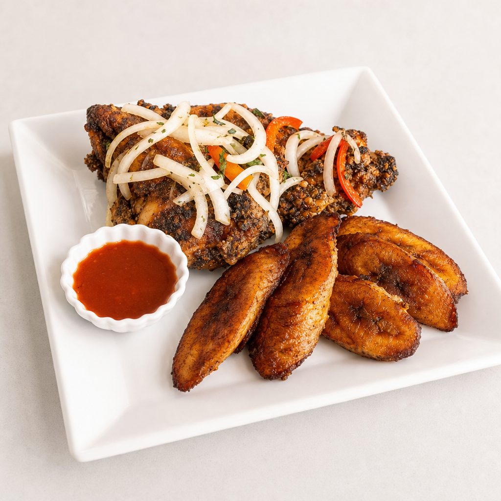 Fried Plantain and Chicken or Fish.