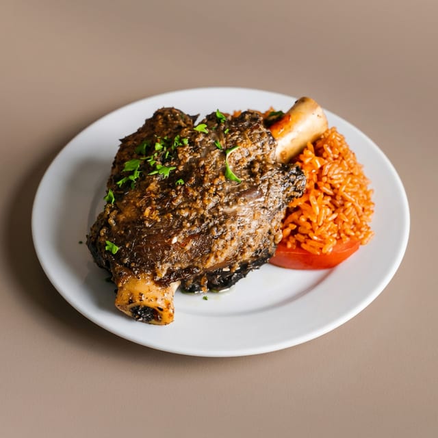 Lamb Shank and Jollof Rice.