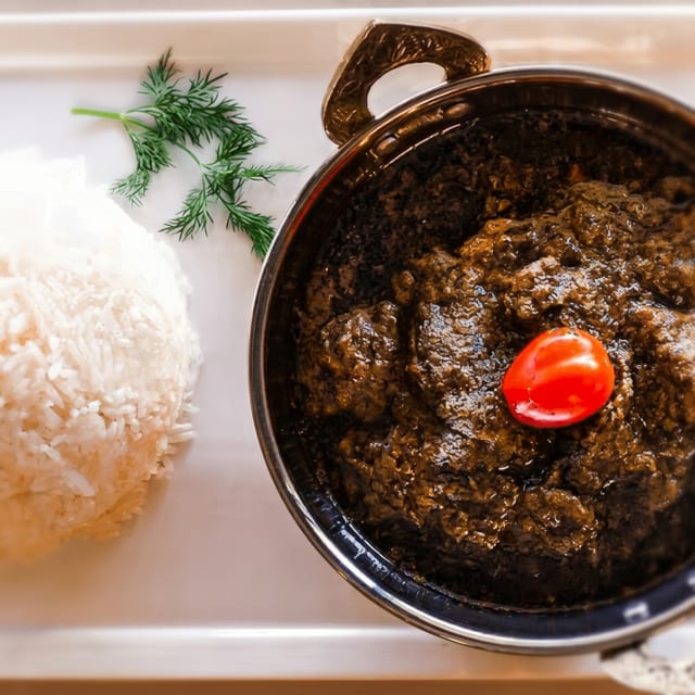 White Rice and Cassava Leaves.