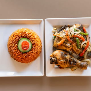 Jollof and Baked Chicken or Fish
